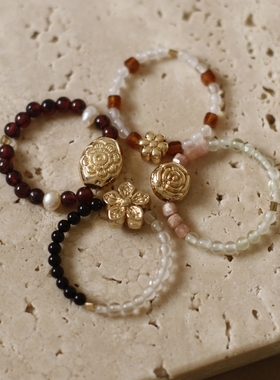 「陌上初熏」复古设计珍珠天然石红玛瑙戒指女叠带食指戒指环原创