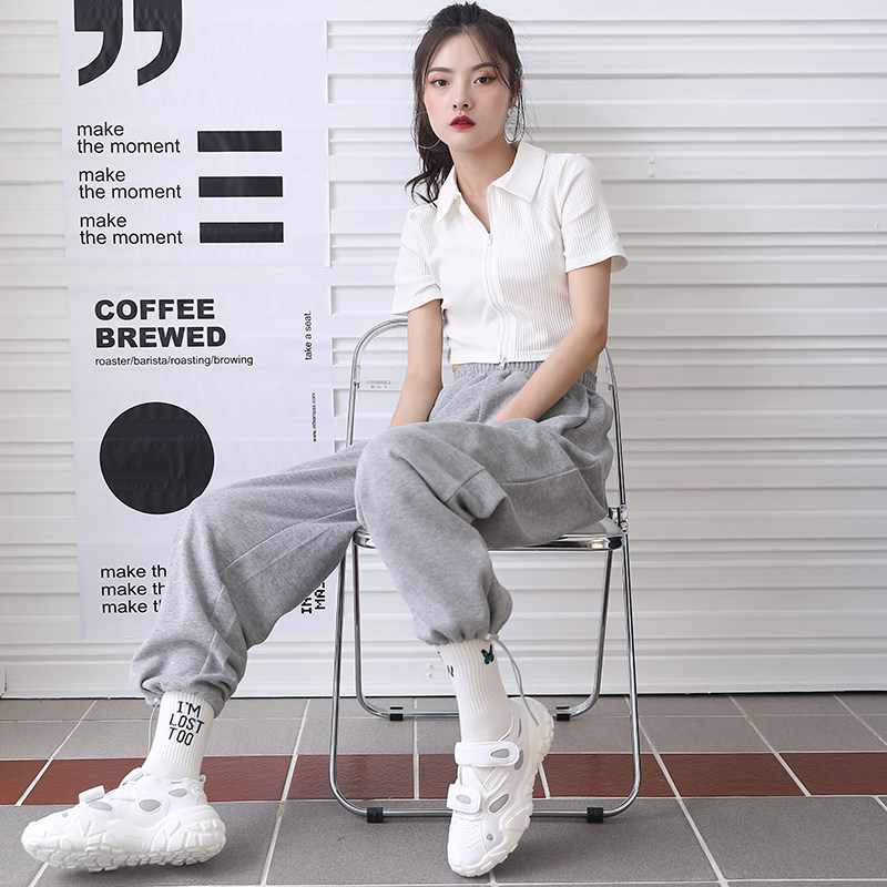 灰色ins潮秋季宽松高腰束脚裤卫裤 彤兰蝶休闲裤