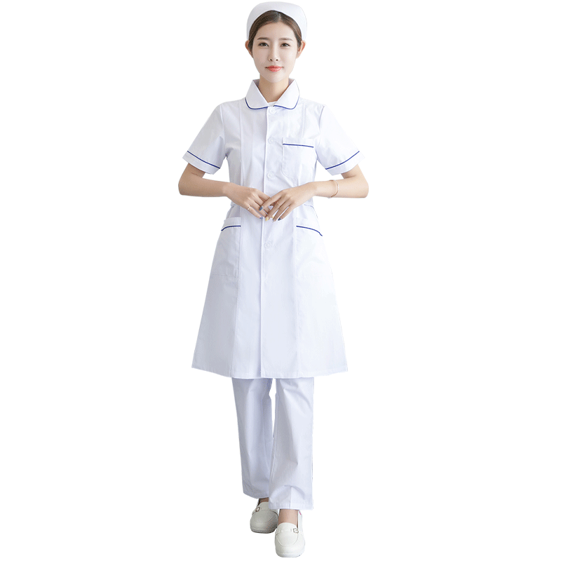 护士服夏圆领短袖夏装加蓝紫边大褂医院药店美容院工作服大码修身_虎窝淘