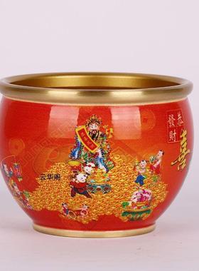 彩绘黄铜米缸百福缸财神聚宝盆摆件金属工艺品客厅家居大号存钱罐