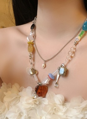海洋风复古爱心餐具吊坠手工串珠石头拼接项链甜酷巴洛克锁骨颈链
