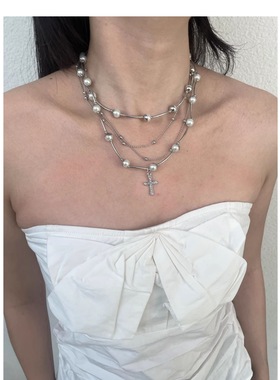 多层叠戴法式珍珠十字架复古设计感ins锁骨链气质高级感颈链百搭