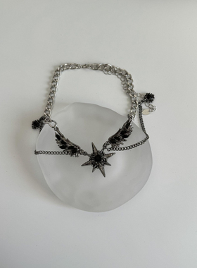 暗黑风芒星宝石镶钻翅膀嘻哈街头项链男女小众设计高级感颈链项链