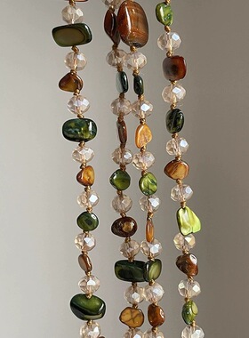 中古项链波西米亚彩色串珠双层项链复古轻奢度假毛衣链长款锁骨链