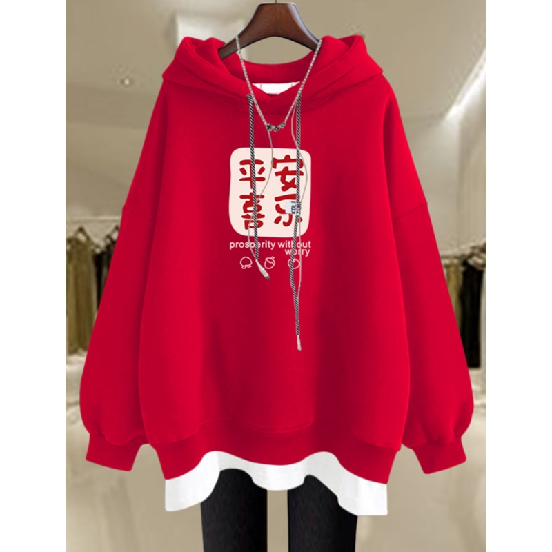 秋冬本命年国风好运宽松大码红色卫衣连帽加绒长款新年衣服女外套