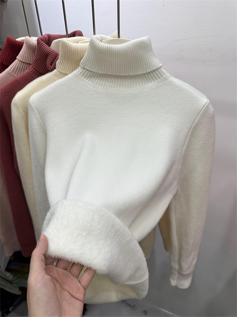 欧货简约一体绒毛衣女冬季2023加绒加厚内搭堆堆高领打底衫百搭潮