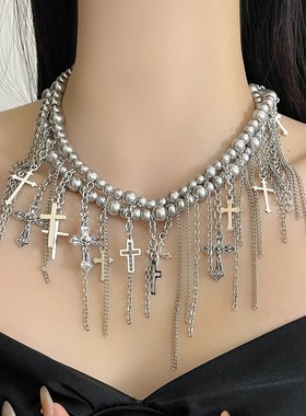 重工辣妹十字架流苏珍珠项链女小众设计高级感锁骨链独特个性颈链