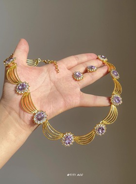 复古宫廷风紫色锆石花朵项链轻奢精致贵气感锁骨链超闪氛围感颈链