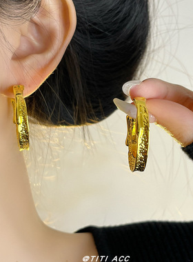 复古个性银色鎏沙C形弯月项链耳环女轻奢高级感长款毛衣链麻花链