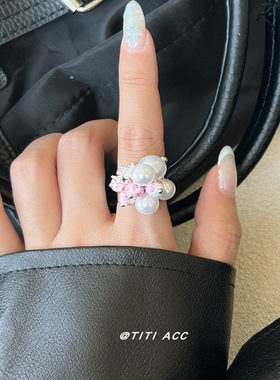 韩系天然石琉璃珠可晃动花球戒指女ins复古高级感开口珍珠食指戒