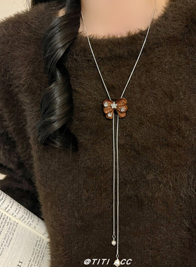 复古木质蝴蝶结碎花长款项链女配饰轻奢小众可抽拉毛衣链时尚颈链