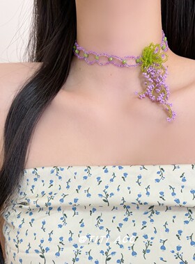 小众春日串珠花朵流苏项链女度假风气质颈链手工编织锁骨链配饰潮