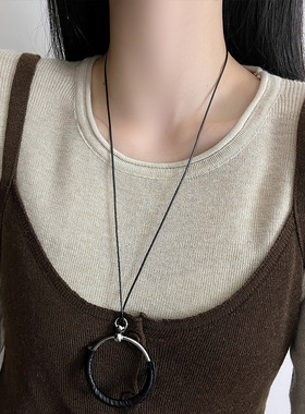 韩国O形圆圈黑绳长款项链女
