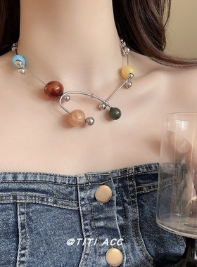 彩色交响乐串珠项链女轻奢小众个性大圆珠锁骨链海边度假风颈链潮