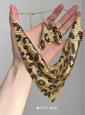 爆闪！欧美夸张复古金色豹纹三角巾项链女时髦气质耳环耳饰锁骨链