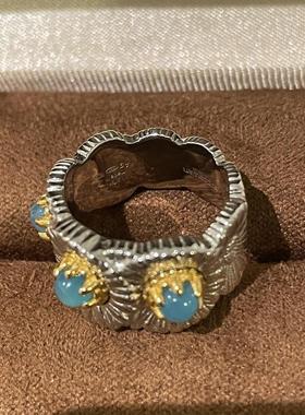 不掉色vintage拉丝宽面蓝宝戒指轻奢小众百搭时尚气质独特指环女