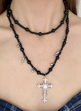 超长黑色串珠十字架项链女朋克风