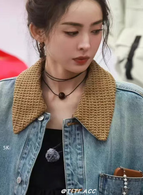 古力娜扎同款虎眼石皮绳项链黑绳长款毛衣链女抽绳可调节气质颈链