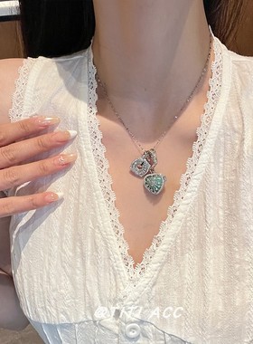 vintager古着叠戴锆石太阳花蓝色爱心吊坠项链女钛钢不掉色锁骨链