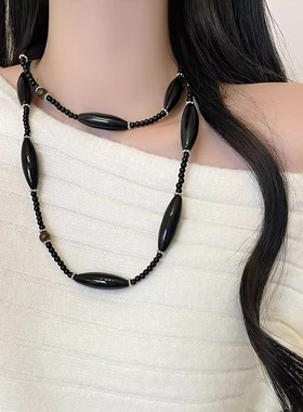 复古简约黑玛瑙拼接项链女轻奢高级感长款毛衣链配大衣裙子配饰潮