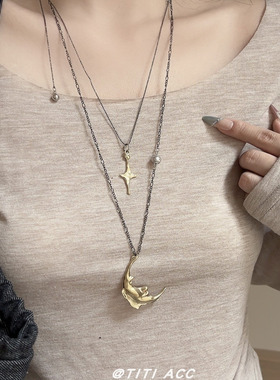 新中式黑金星月组合项链复古高级感月亮星星吊坠可调节叠戴毛衣链