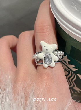 珍珠小熊戒指小众设计开口指环