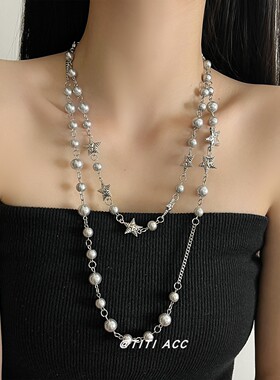 欧美个性ins风五角星珍珠链条长款项链女小众时尚气质叠戴锁骨链