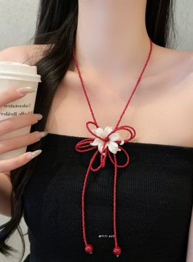 红色串珠蝴蝶结项链女复古鸢尾花颈链小众高级感流苏锁骨链配饰潮