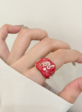 法式复古手工红色滴油珐琅戒指女
