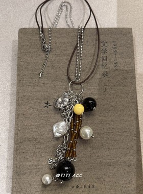 乌托邦系列金属海螺流苏长款小众设计黑猪珍珠毛衣链百搭双层项链