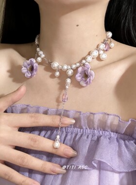 韩系花朵珍珠流苏项链女