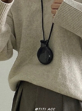小众中性黑色音乐之镜长款项链女可打开双面镜吊坠皮绳毛衣链配饰