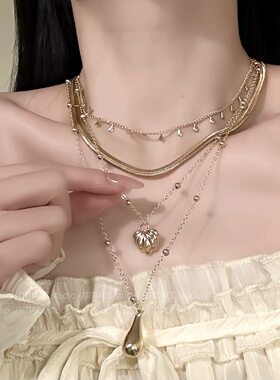 复古金色贝壳吊坠项链女多层叠戴锁骨链度假风百搭颈链氛围感配饰