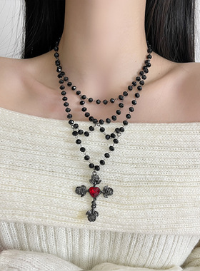 暗黑哥特风多层红色锆石十字架吊坠项链女小众亚文化锁骨链颈链潮