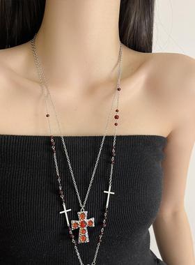 朋克十字架红色复古叠戴项链