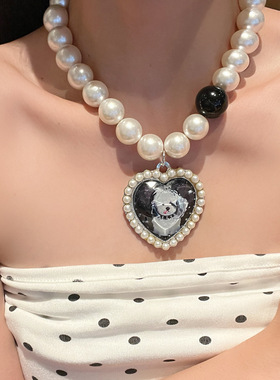 复古爱心潦草小狗大珍珠项链女小众轻奢高级感锁骨链辣妹颈链配饰