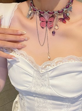 y2k辣妹荆棘红色爱心皮革项链女亚文化甜酷流苏choker锁骨链颈链