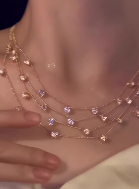 粉色锆石流苏人鱼公主项链多层设计感清冷感海边配裙子锁骨链颈链