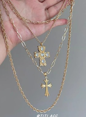 中古vintage多层叠戴十字架项链女复古风千禧辣妹锁骨链流苏颈链