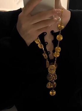 老钱风中古vintage圆币链条流苏项链女高级感新款复古做旧毛衣链