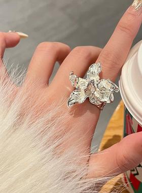 新中式银色烧白鸢尾花开口戒指女2025新款爆款清冷高级感气质指环