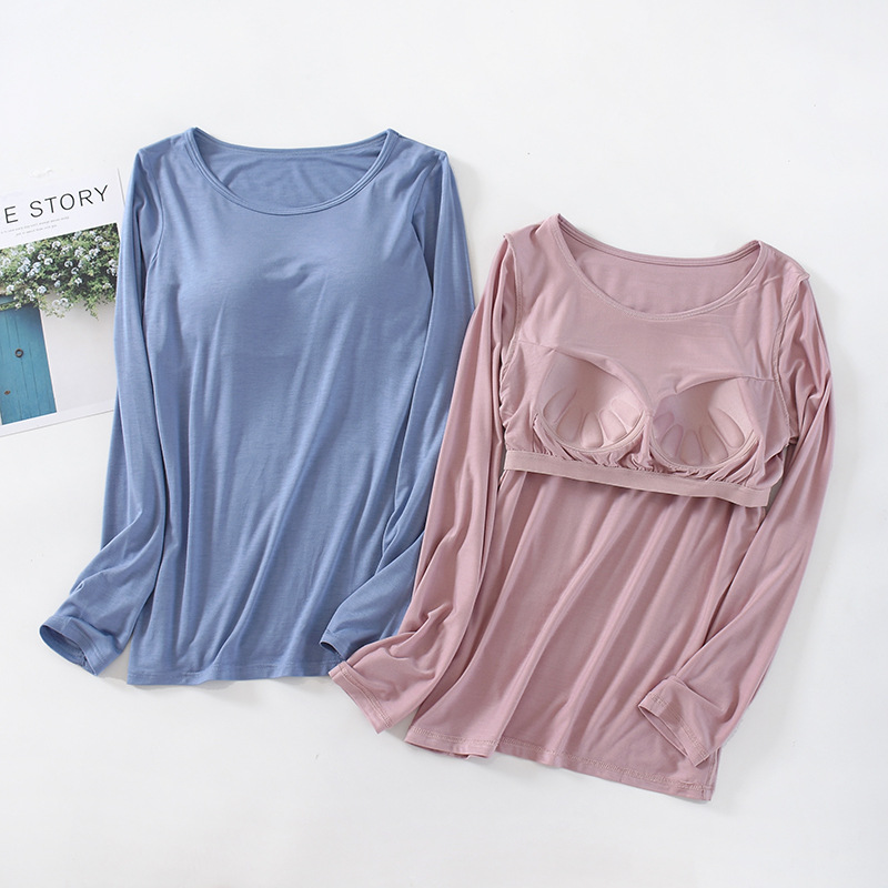 带胸垫长袖内衣打底上衣女罩杯一体无钢圈BRA-T修身秋衣女 - 图0