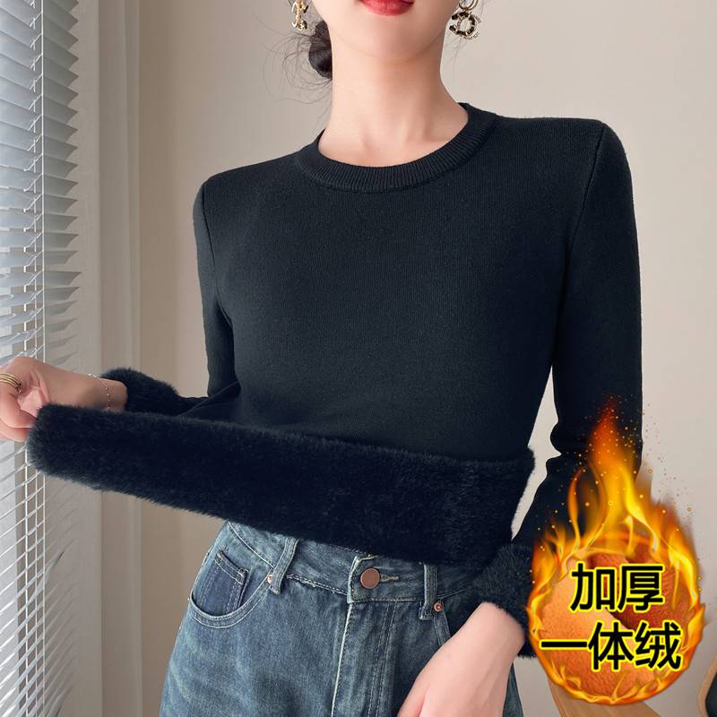 羊绒衫女秋冬圆领套头一体绒加绒加厚羊毛线衣内搭保暖打底衫上衣 - 图1