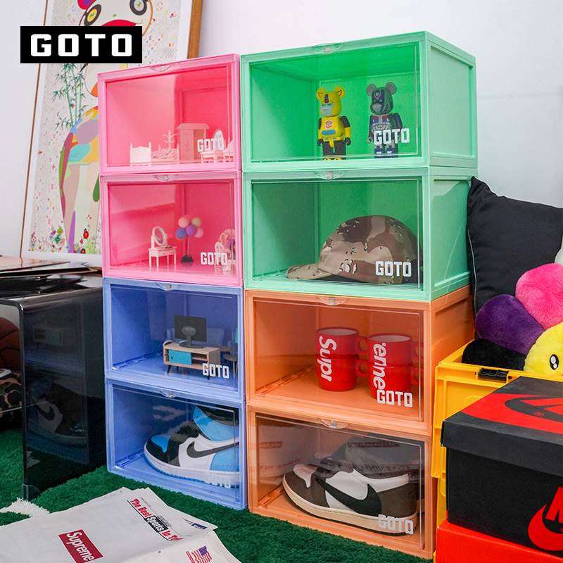 GOTO透明鞋盒马卡龙多色侧开防氧化网红收藏展示墙防尘鞋柜收纳盒 - 图3
