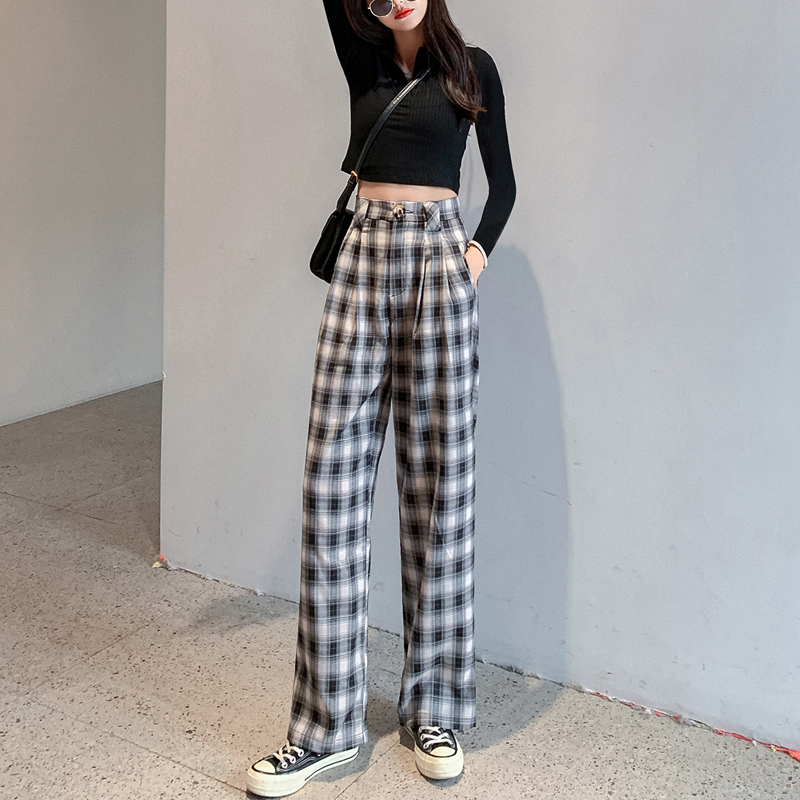 正点女孩旗舰店格子裤女春秋新款高腰垂感宽松阔腿裤韩版显瘦直筒休闲拖地裤1