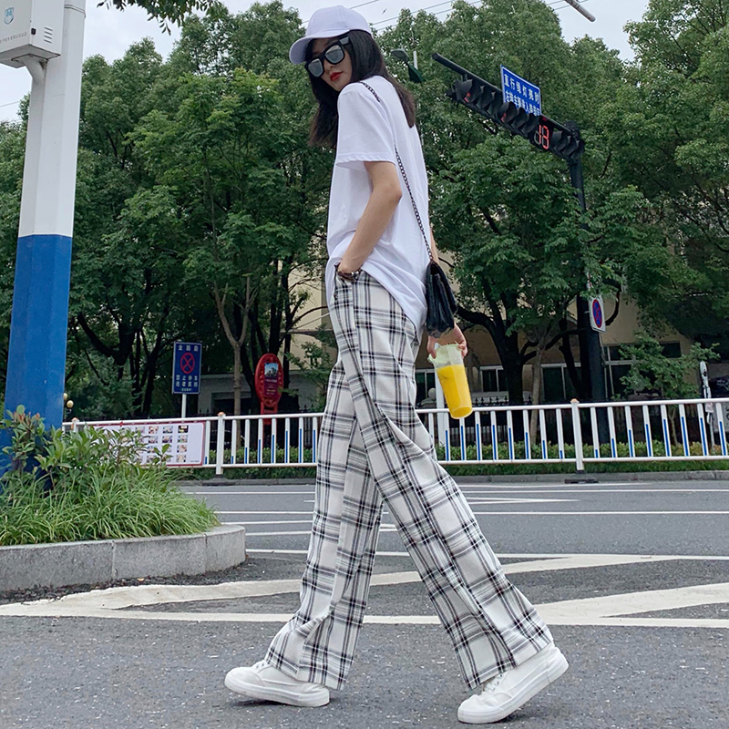 正点女孩旗舰店坠感格子阔腿裤女夏薄款显瘦百搭韩版高腰垂感宽松直筒拖地休闲裤1