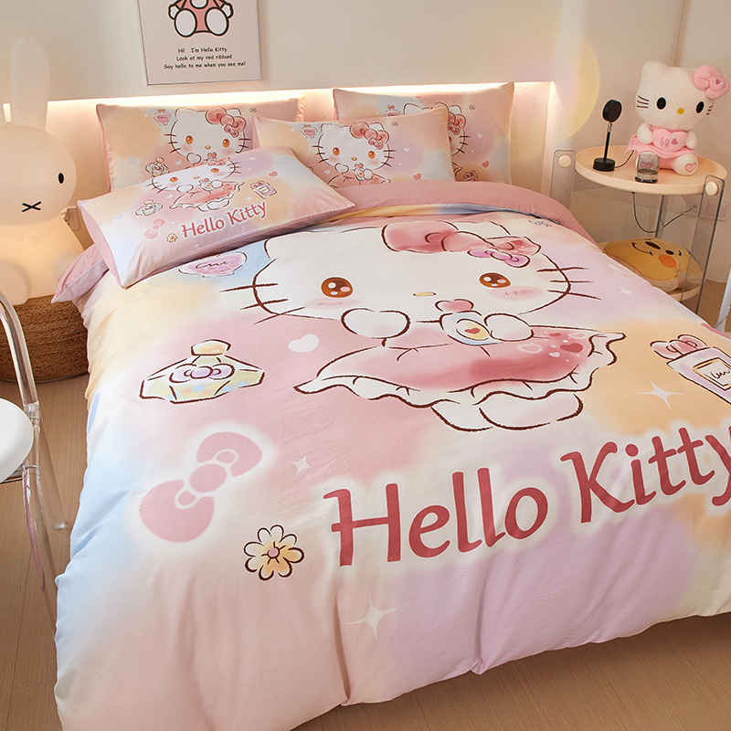 HelloKitty纯棉四件套卡通女孩凯蒂kt猫全棉被套床单学生宿舍三件