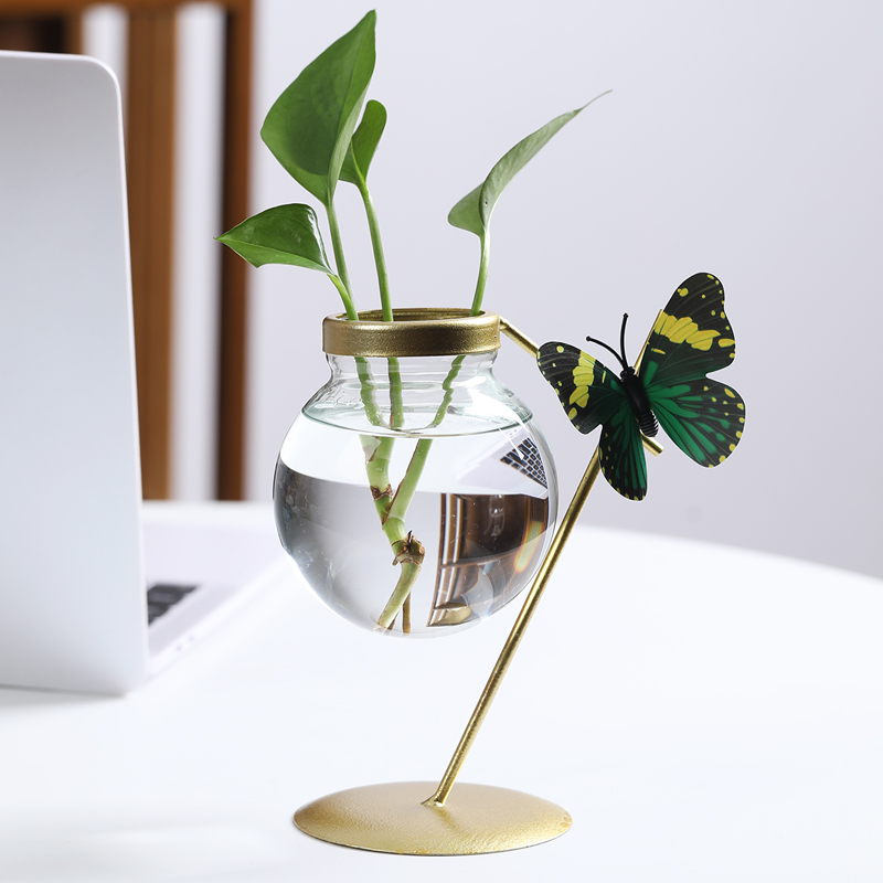 铁艺花架简约透明玻璃水培绿萝花插创意客厅桌面摆件装饰花瓶花器 - 图1