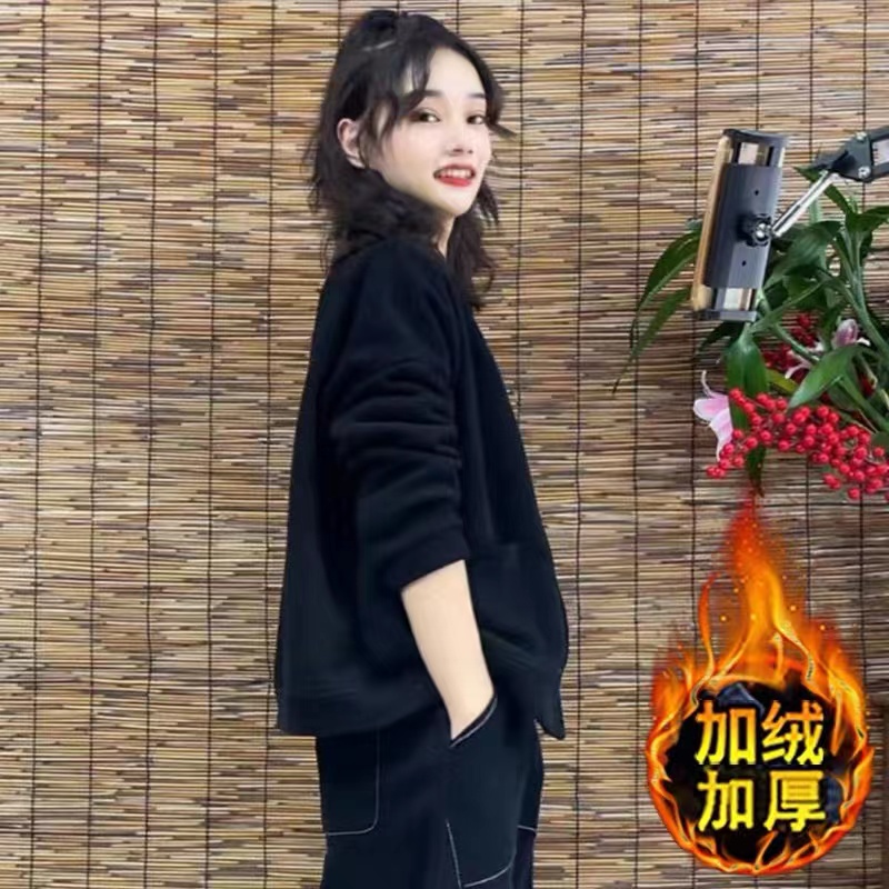 加绒加厚宽松显瘦女士卫衣秋冬2022新款爆款时尚洋气V领开衫外套 - 图2