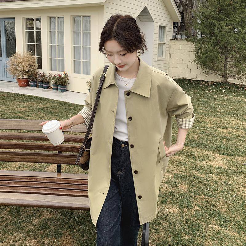 闲其C036-F33色韩卡系休风衣女小个子2025秋季款高级感撞袖色翻中 - 图0